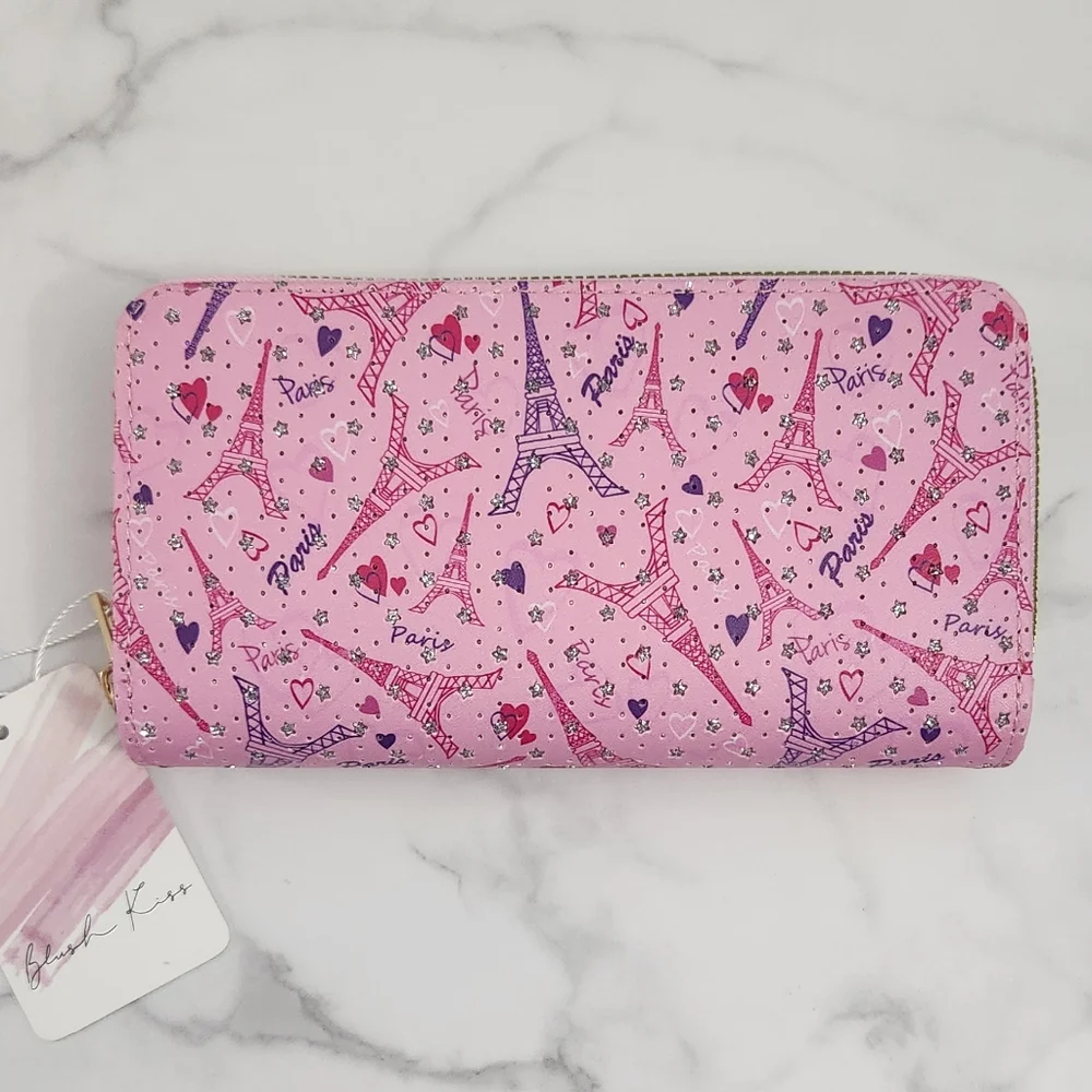 Pink Blush Kiss Glitter Paris Eiffel Tower Print Two Zipper Women's Wallet - Picture 4 of 14